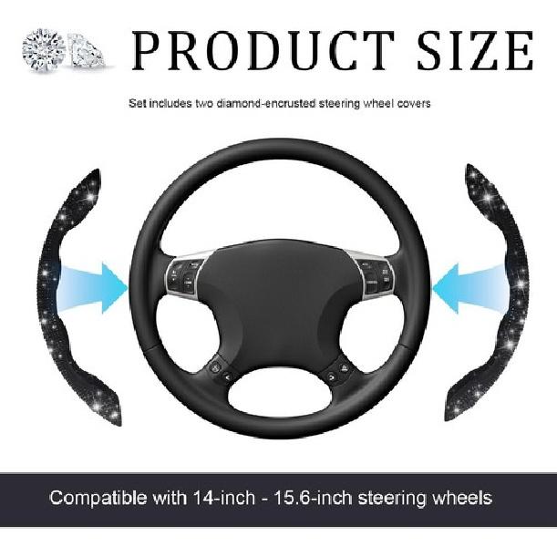 2 PCS Steering Wheel Cover, 15 Inches Crystal Diamond Bling Cover-Black