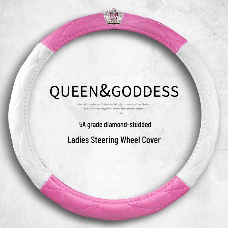 

Women s Leather Car Steering Wheel Cover with Diamond Accents for Polo, Fit, Vios, Corolla, and Camry Black & White Crown Round