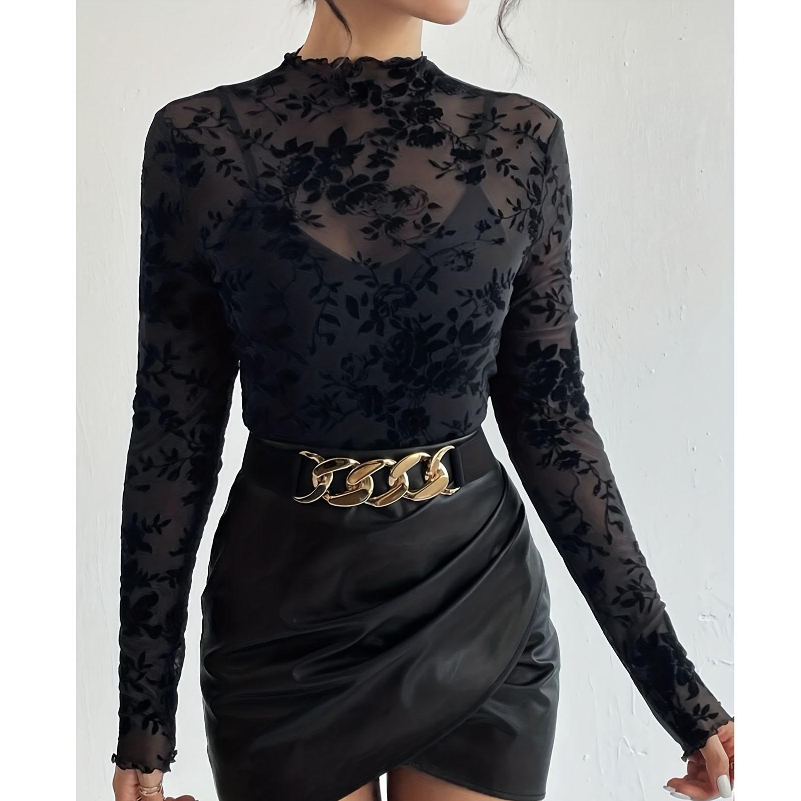 

Женский однотонный бюстгальтер, свободный воротник-стойка, сетчатая основа, рубашка с длинными рукавами, топ L чёрный