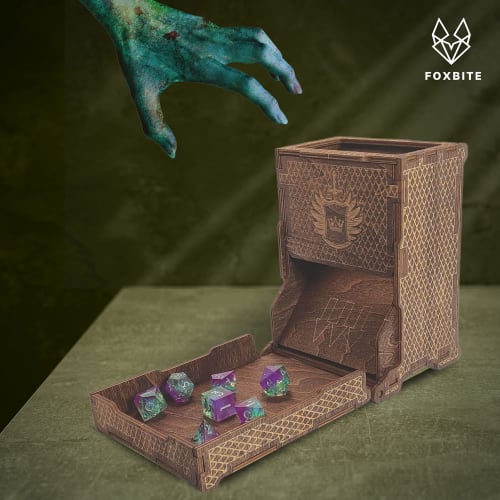 FOXBITE Dungeons and Dragons Dice Tower - Wooden Laser-Etched DND Dice Scroll with Portable Folding Tray