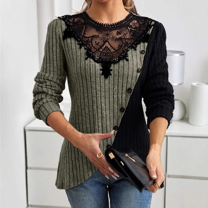 

Трикотажная футболка с длинными рукавами и кружевным круглым вырезом в цветную полоску для женщин 5XL армия зеленый