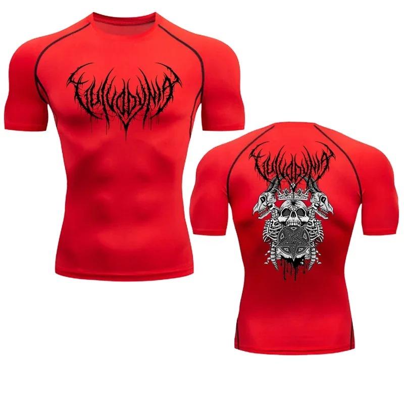 Crânio masculino impresso camisa de compressão, correndo t-shirt, ginásio esportes, secagem rápida, secagem rápida, na moda