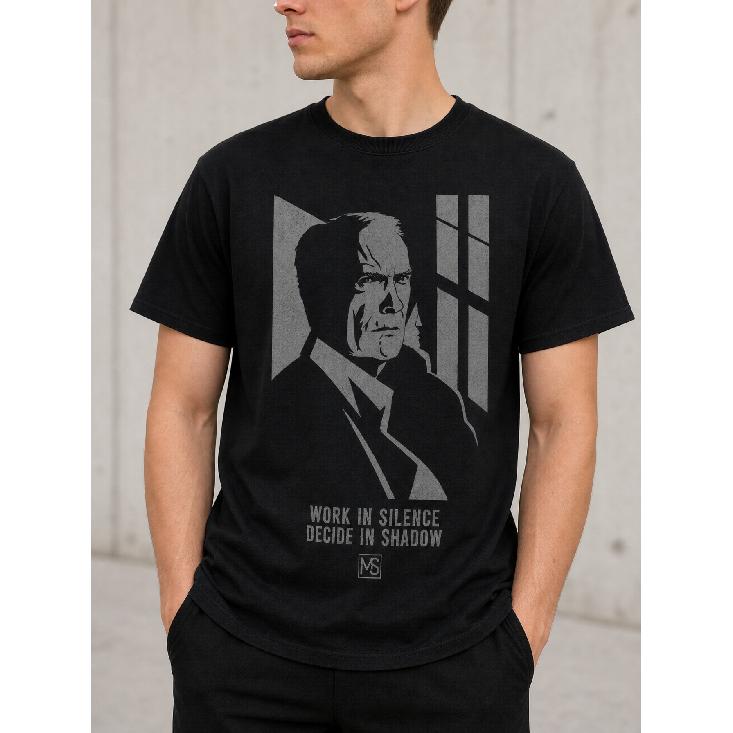 Men's black short sleeve t-shirt with crew neck, soft cotton feel, featuring bold graphic print of stoic man silhouette and 'work in silence decide