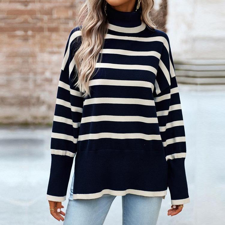 Fashion Women Casual Loose High Neck Striped Knitted Sweater Top Autumn Winter New