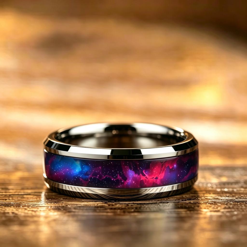 With Purple, Red, Blue Gradient Nebula Pattern Rings , 8mm Cosmic Starry Sky Stainless Steel Men Ring, Wedding Band Jewelry