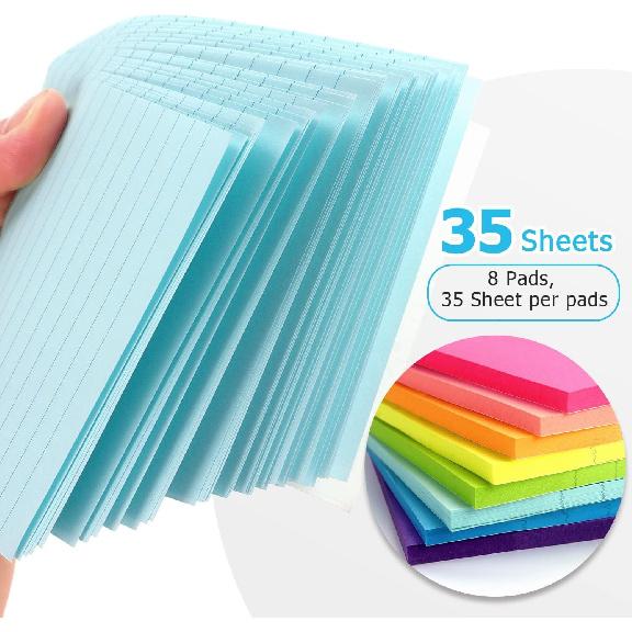Eastern Wolf 8 Pads Lined Sticky Notes 4x6 in, Sticky Notes with Lines, Self-Stick Note Pads 8 Bright Multi Colors, 35 Sheet/Pad
