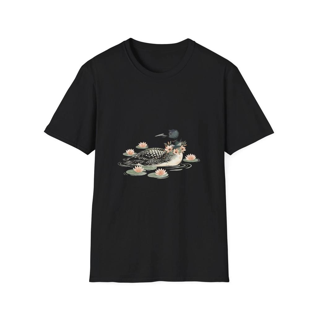 Loon Watercolor Floral Nature Black Tee Boho Aesthetic Graphic T-Shirt