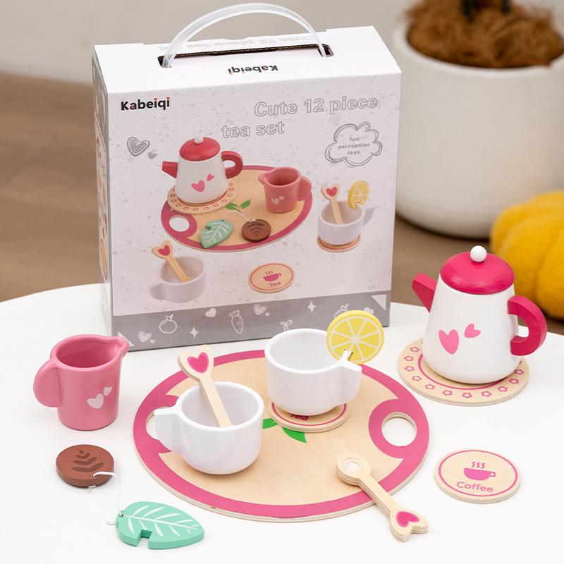 Wooden Tea Set Playhouse: Afternoon Tea Kitchen Toys for Kids Birthday Gift