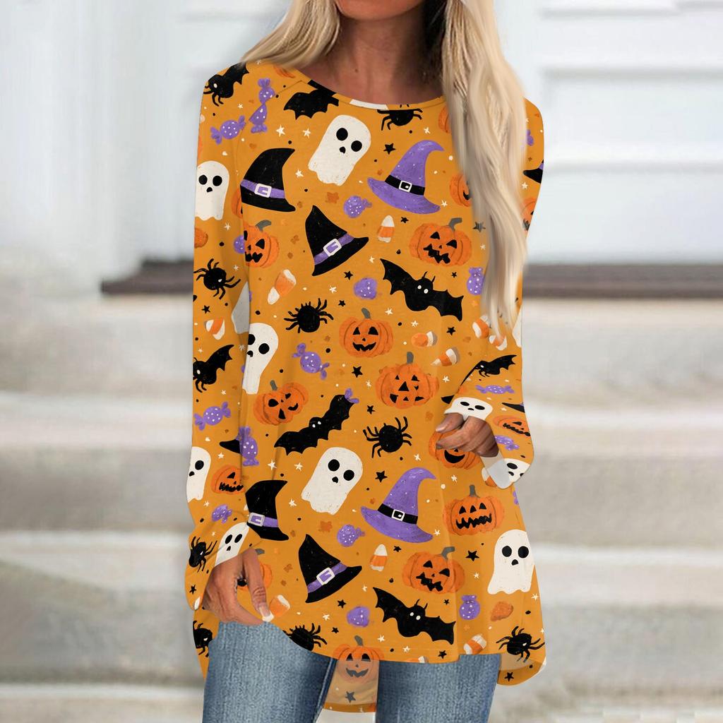 Women's Halloween Printed Long Sleeve Round Neck T-Shirt Mid-Length Casual Top