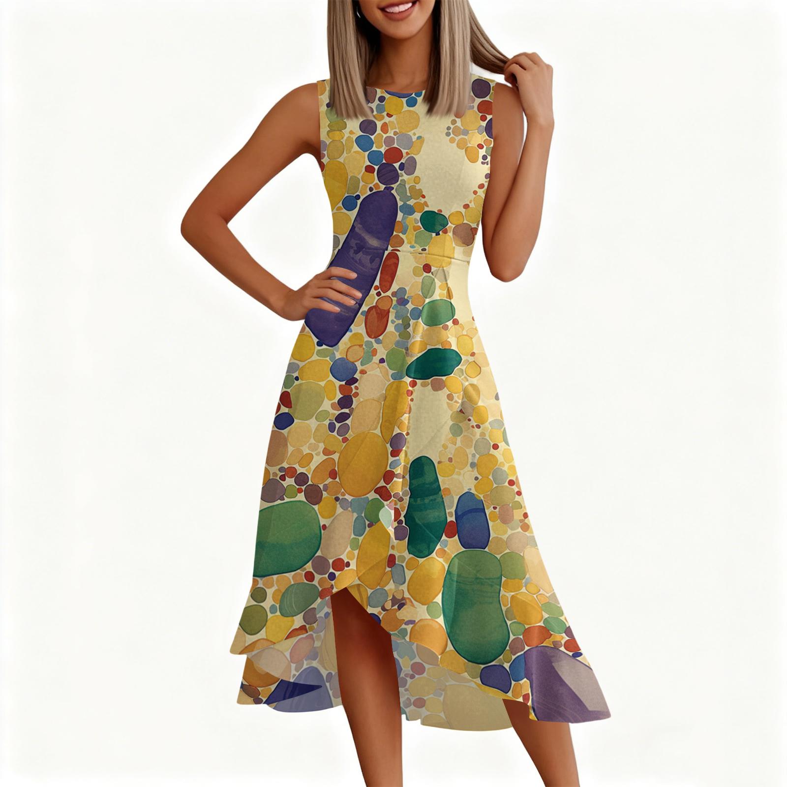 

Женское модное повседневное платье без рукавов с круглым вырезом, принтом, оборками и молнией XL жёлтый