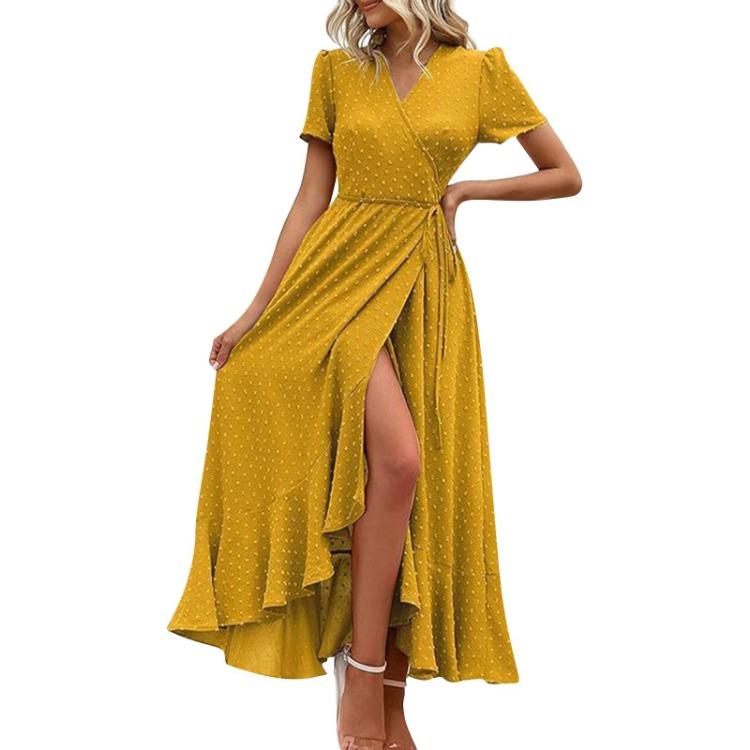 Sexy V Neck Wrap Waist Maxi Dress Women Summer Fashion A-Line Side Slit Long Casual Dress Comfortable Solid Color Short Sleeve