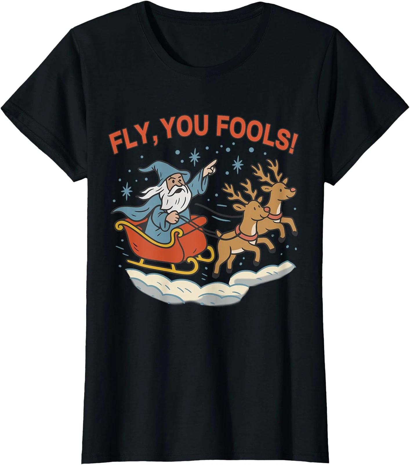Funny Fly You Fools Santa Sleigh Reindeer Christmas Ladies  Crewneck T-Shirt L