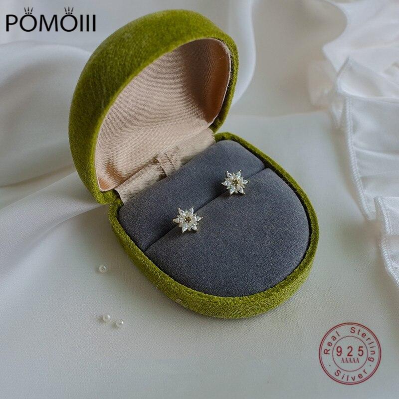 925 Sterling Silver Plated 14K Gold Korean Crystal Flower Stud Earrings Women High Quality All-match Jewelry