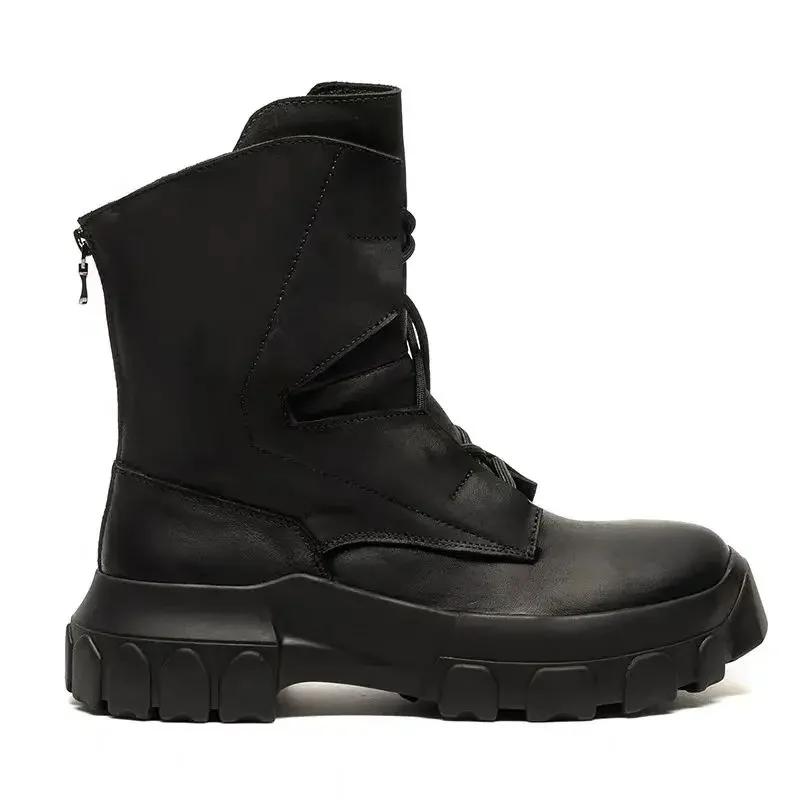 2025 Herren High Top Schuhe Plattform Klobige Sohle Sneaker Leder Schnürung Gothic Absätze Luxuriös Trendig Designer Schwarz Stiefel