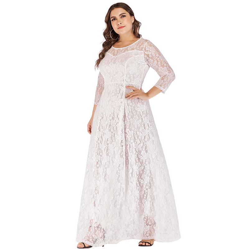 

Modest Plus Size Evening Lace Dress with Long Sleeves 2XL білий
