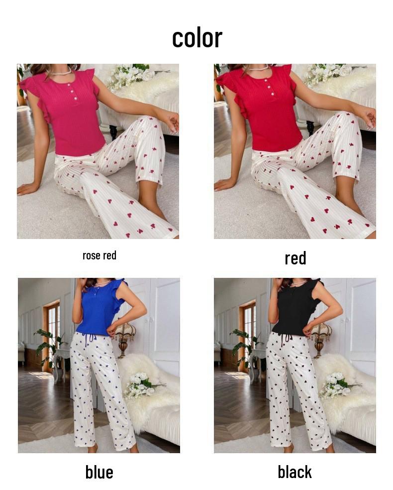 Women's Casual Love Print Ruffle Pajama Pants - Stylish Home and Outdoor Wear.