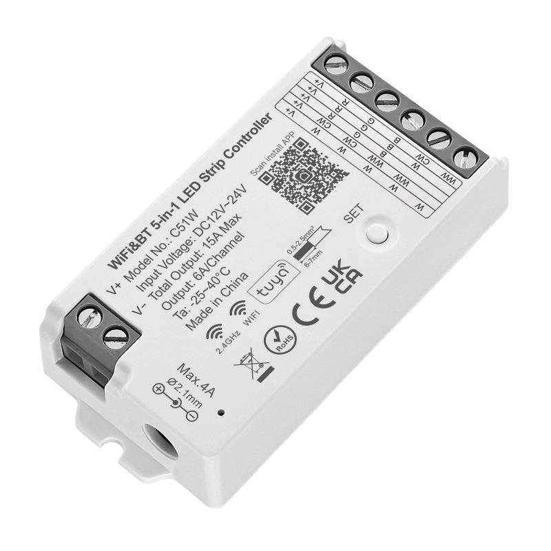 TUYA WiFi LED Strip Controller C51W: Supports Single, Dual Color, RGB, RGBW, and RGBCW.