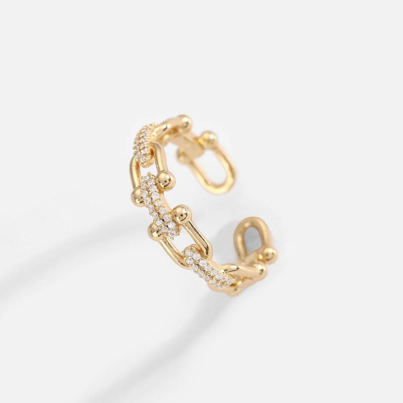 Vacuum Electroplated Gold Small Ornaments, Brass Strip with Zircon Jewelry, Shiny Full Women's Open Ring Jewelry.