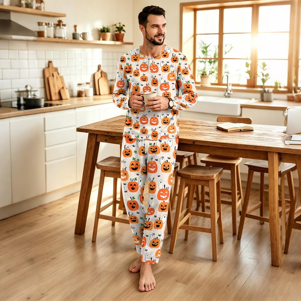 Men's Halloween Print Pajama Set Loose Fit Casual Fashion Sleepwear for Nighttime