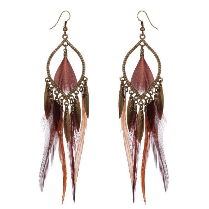 Bohemian Feather Earrings Personalized Long Style Tassel Retro Exaggerated Ethnic Style Tibetan Earrings for Women