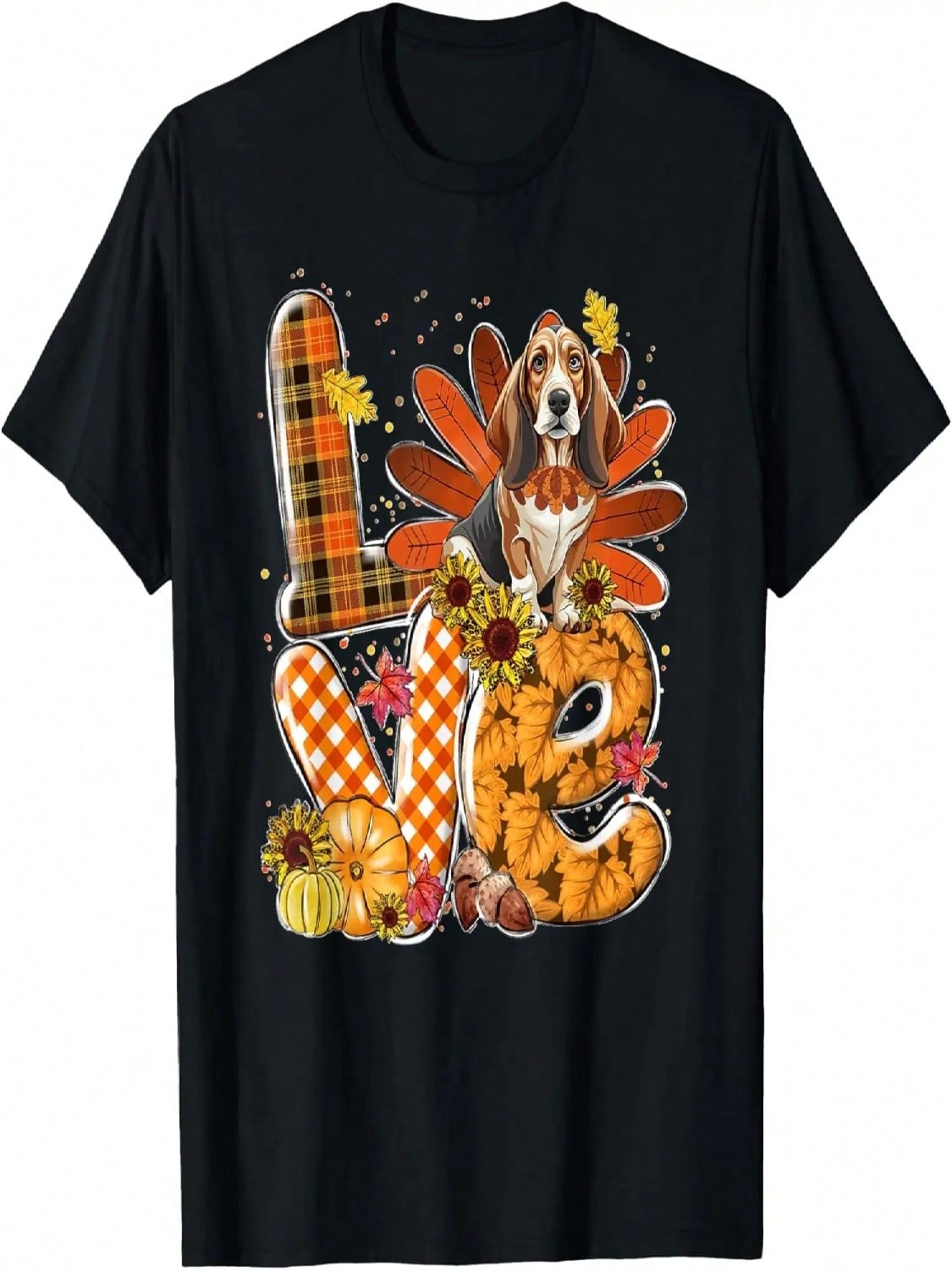 LOVE Thanksgiving Cute Basset Hound Turkey Pumpkin Fall T-Shirt S разноцветный