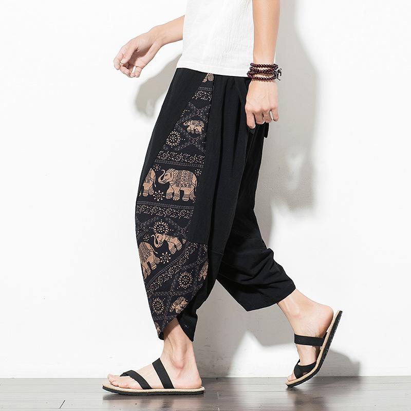 Summer Men Harajuku Harem Pants Cotton Joggers Calf-Length Pants Male Vintage Chinese Style Print Trousers