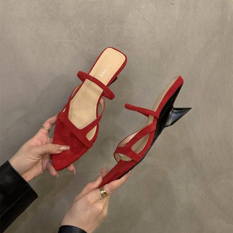 Rote Pantoletten mit Keilabsatz, Feenschuhe, Sommer 2025 zum Rock, Französische Sandalen