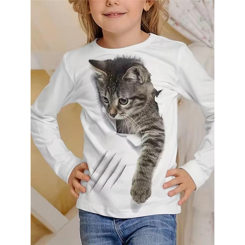 Abbigliamento Bambini Magliette Manica Lunga Bambina Maglietta Bambino Cartone Animato Girocollo Stampa Gatto Casual Abiti Estivi Bambina Top Maglietta