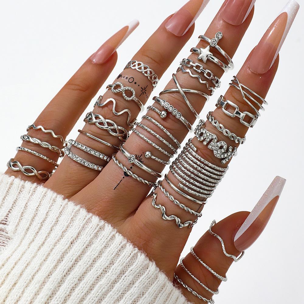 30Pcs/Set Boho Gold Color Wave Star Rings Set For Women Vintage Geometric Rhinestone Finger Rings Female Trendy Jewelry Gift