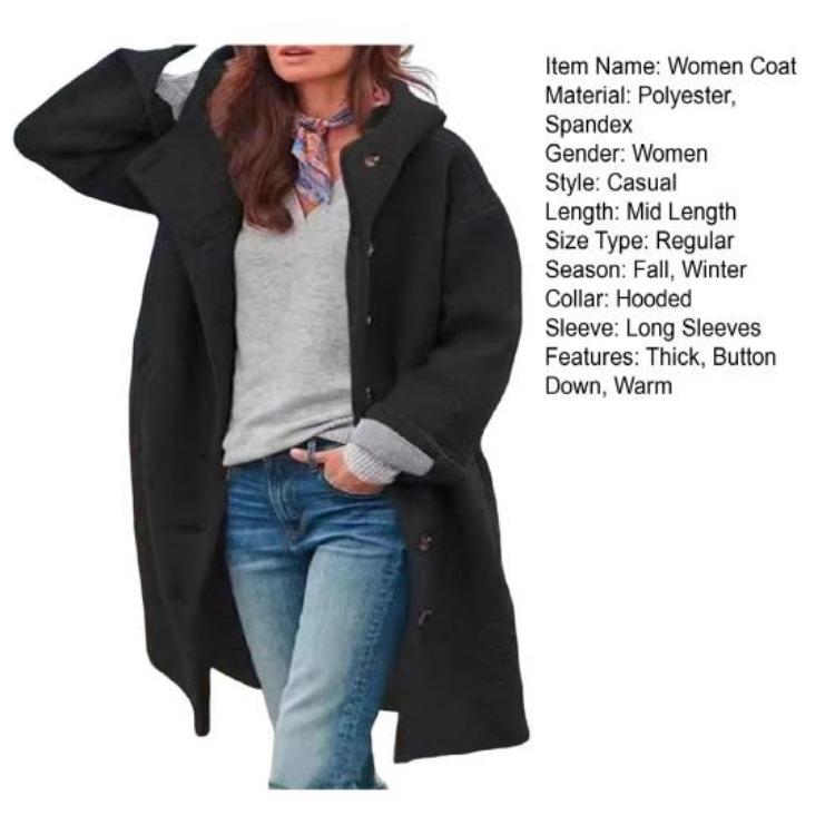 Women Winter Warm Windproof Overcoat Hooded Loose Mid Length Coat Thick Solid Color Windbreaker Long Sleeves Single-breasted Pockets Daily Wear Fall