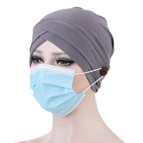 Women Solid Color Front Cross Beanie Bonnet Breathable Hat Cap with Button