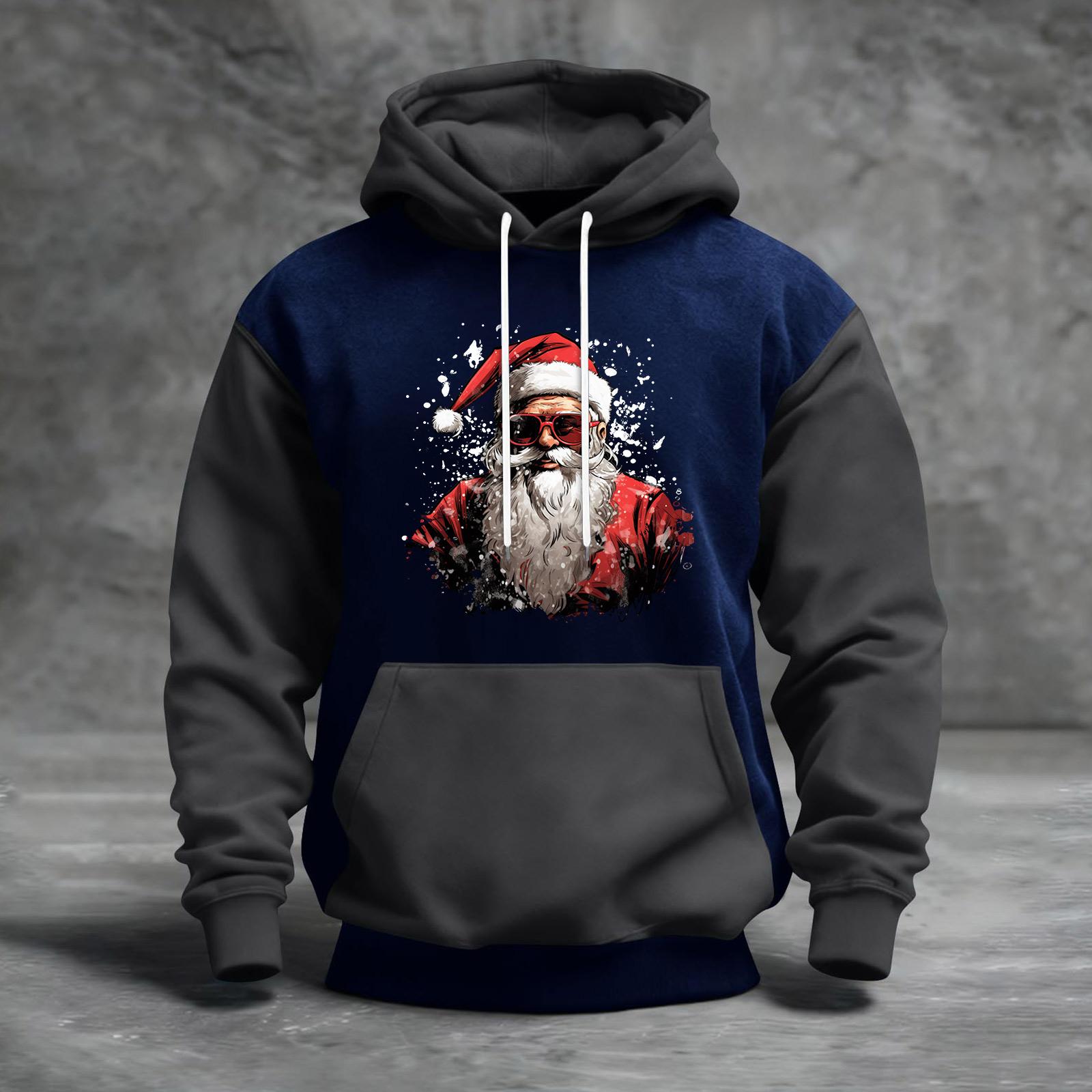 

Мужской рождественский свитшот с капюшоном, повседневный, спортивный, удобный, с цветными блоками и принтом XL