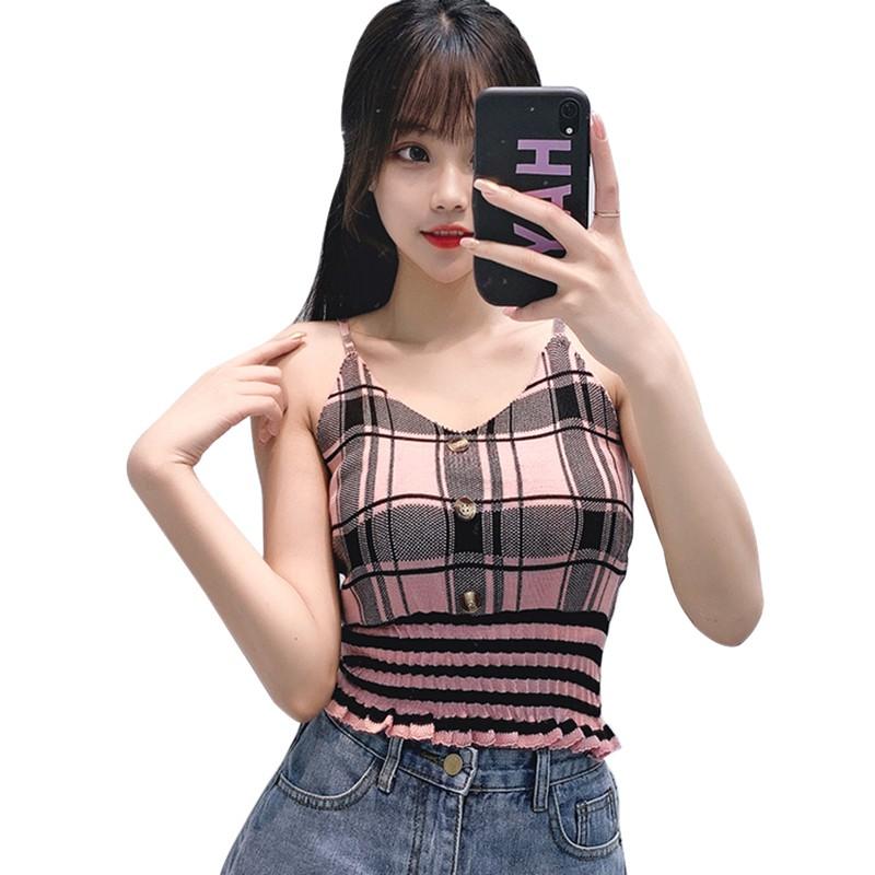 

Женский топ-майка с V-образным вырезом, клетчатый, повседневный жилет без рукавов One Size