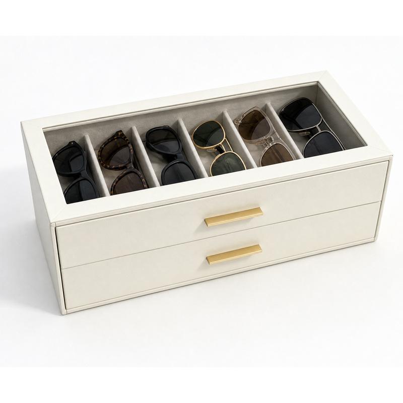Sunglasses Organizer With Clear Display Top, 2 Drawer Multi Slot Eyeglasses Storage Box Eyewear Holder Case For Desktop