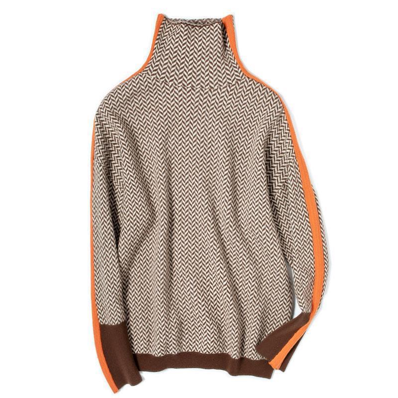 Women's Autumn/Winter High Collar Knit Sweater with Japanese-Korean Design and Contrast Sleeves