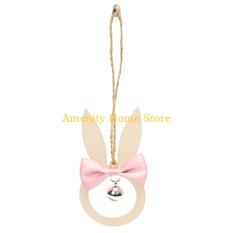 

F26C Easter Wooden Pendant Bunny Bowknot Pendants Hanging Ornament розовый