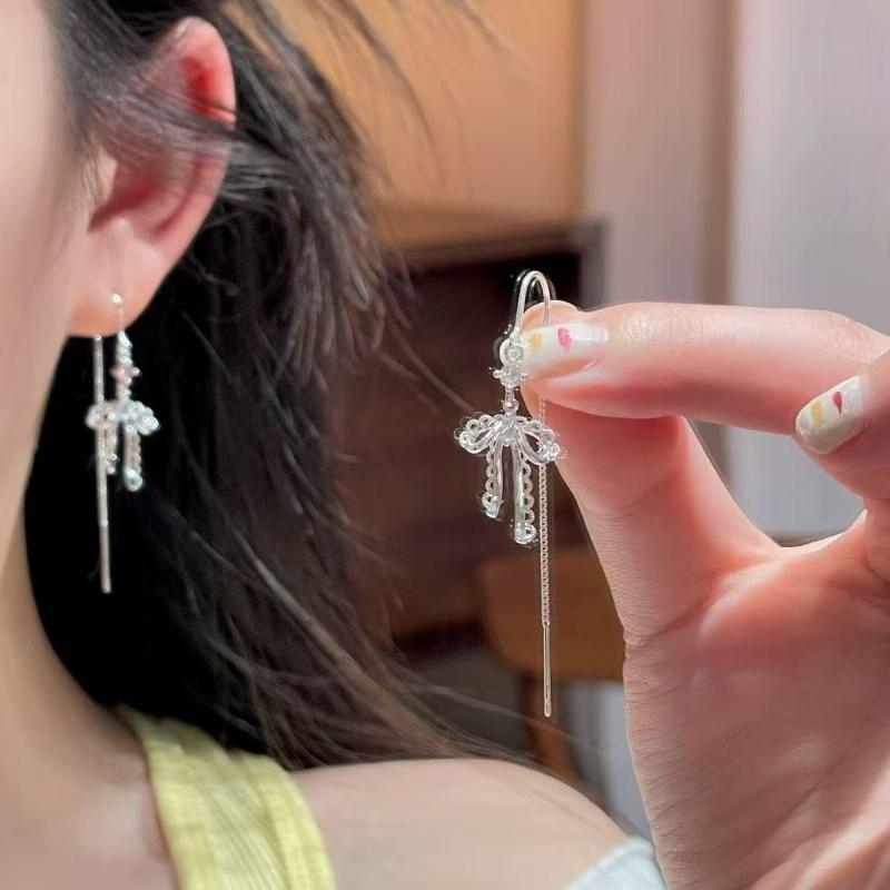 

Fashion Long Bow Tassel Stud Earrings For Women Elegant Pendant Earrings Romantic Charms Party Zircon Gift