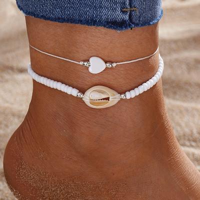 Tobillera de perlas blancas de concha, conjunto de tobillera con cadena de cuentas redondas, tobillera de cadena de estilo bohemio, accesorio Sexy para mujer