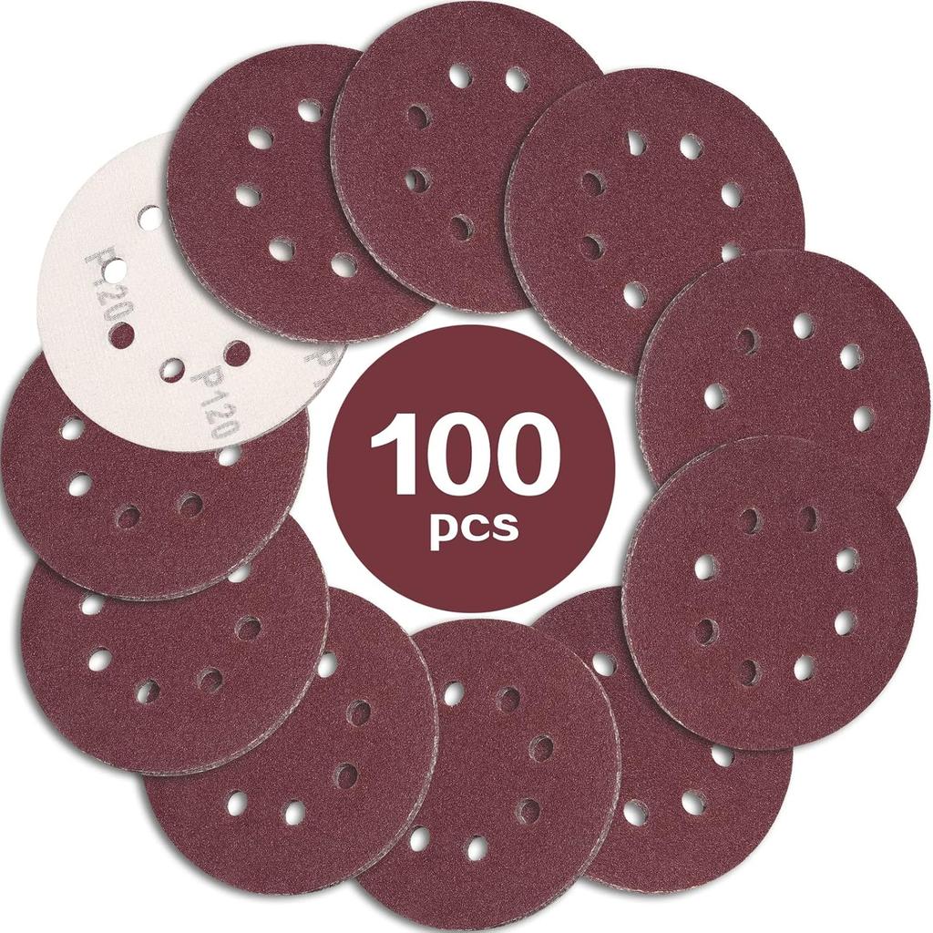 100PCS 125mm Sanding Discs, 5 Inch 8 Hole Hook and Loop Sanding Pads for Random Orbital Sander(40 to 2000Grits)
