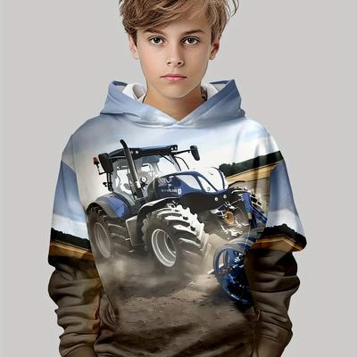 Hanorac la modă cu imprimeu 3D de tractor pentru băieți, în amestec de poliester și spandex, Hanorac casual cu mâneci lungi