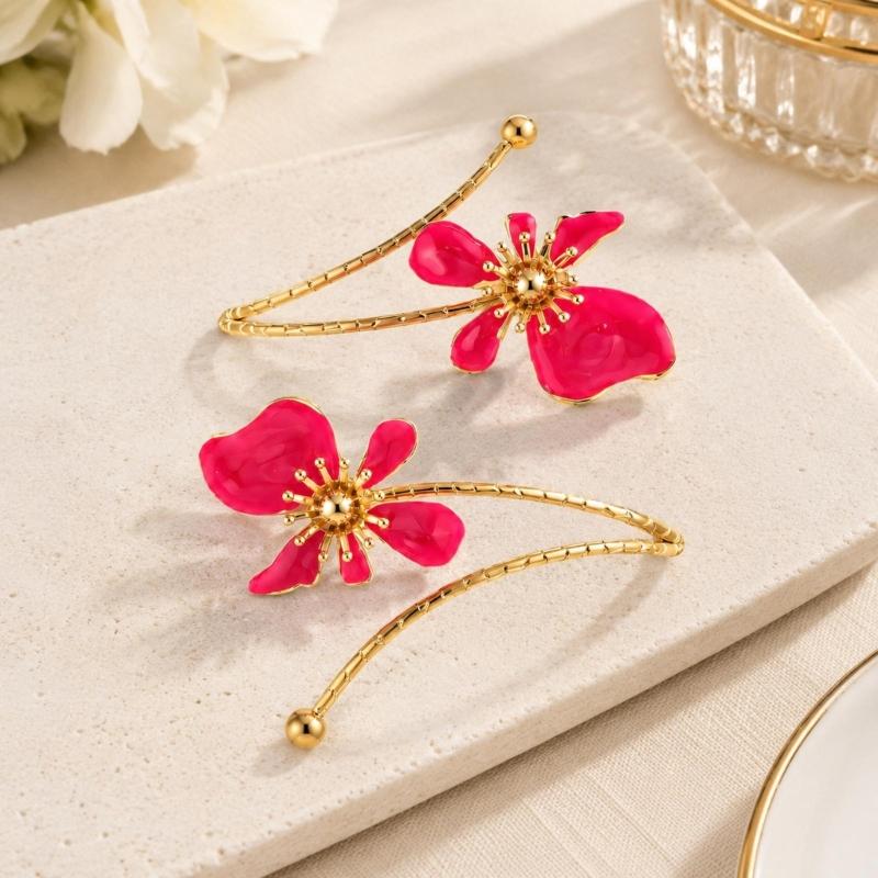 Openwork Upper Arm Cuff with Two Irregular Flowers, Intersecting Gold-Tone Bands, Rounded Ball Ends, and Clasp-Free Wear