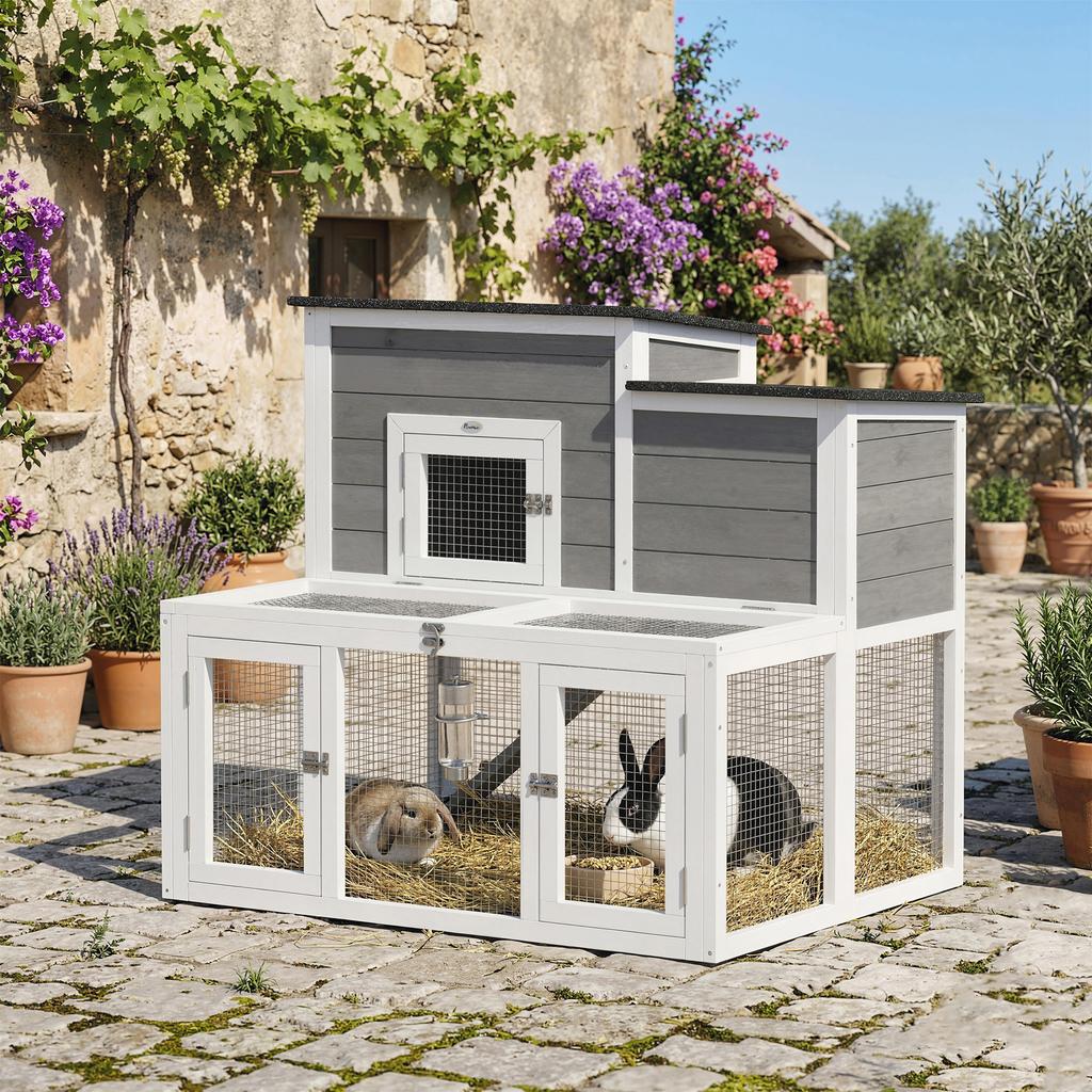 Outdoor Wooden Rabbit Hutch, Indoor Rabbit Cage with Double Opening Roof, Waterproof, 2 Levels with Run, Grey