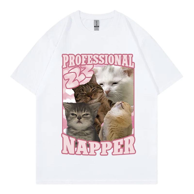 T-shirt Chat Drôle Mème Siesteur Professionnel Mode Kawaii T-shirts Manches Courtes Vêtements en Coton de Haute Qualité T-shirt Unisexe