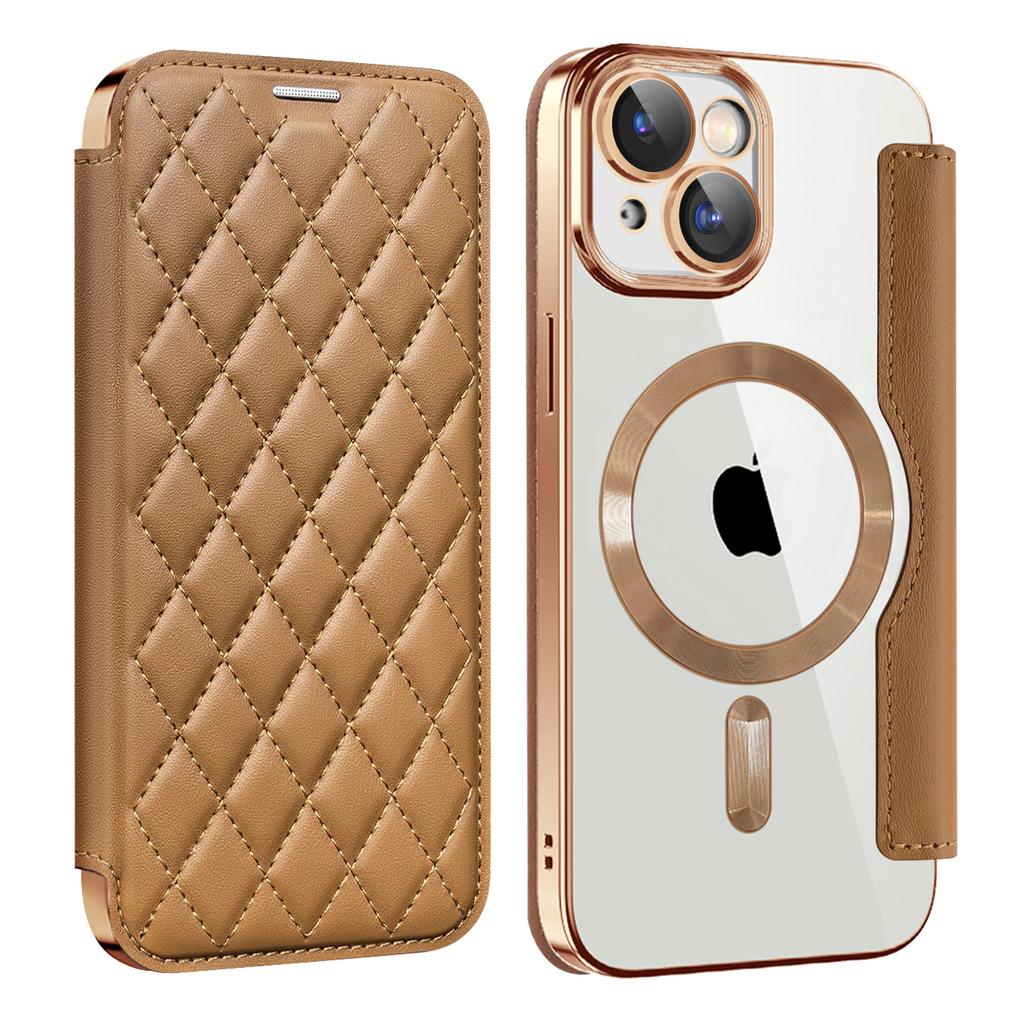 For iPhone 15 Plus Built-in Lens Film Phone Case RFID Blocking Card Slots Leather Cover Compatible with MagSafe
