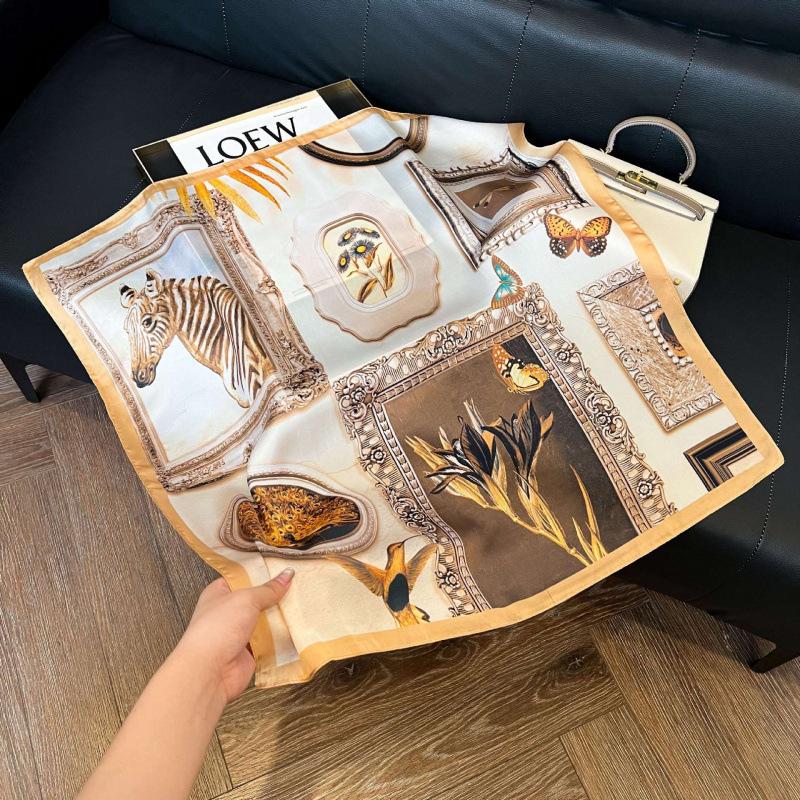 Fashion Black and White Printing Temperament Square Scarf Imitation Silk Korean Version Decorative Scarf Scarf Professional Decorative Shawl Silk Scar