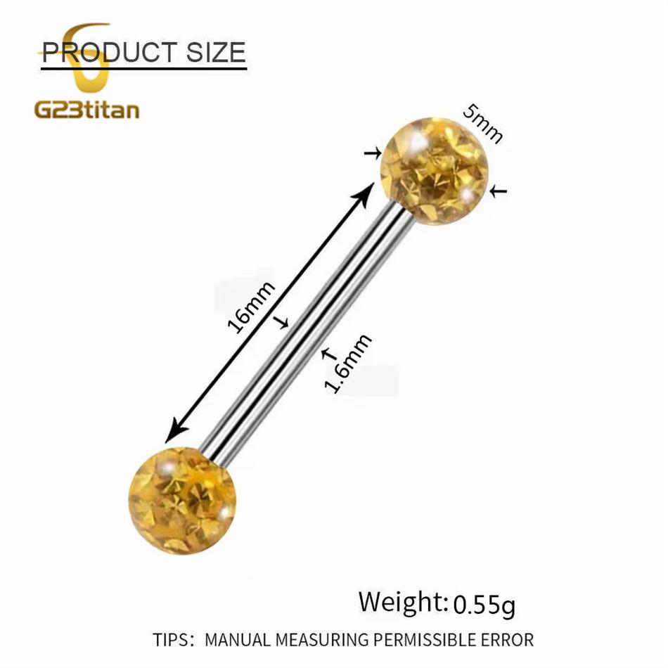 Waterproof Crystal Resin Ball Tongue Rings Nipple Barbell Ear Cartilage Earring 14G 1.6mm 12-22mm Titanium Piercing Body Jewelry