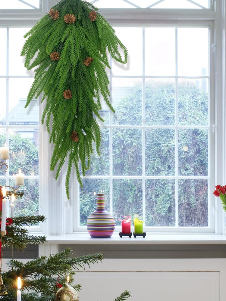 26 Inch Hanging Artificial Xmas Teardrop Wreath with Pine Cone Faux Greenery Door Swag for Front Door Fireplace Wall