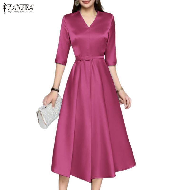 ZANZEA Women Casual V-Neck Elegant Half Sleeve Dress