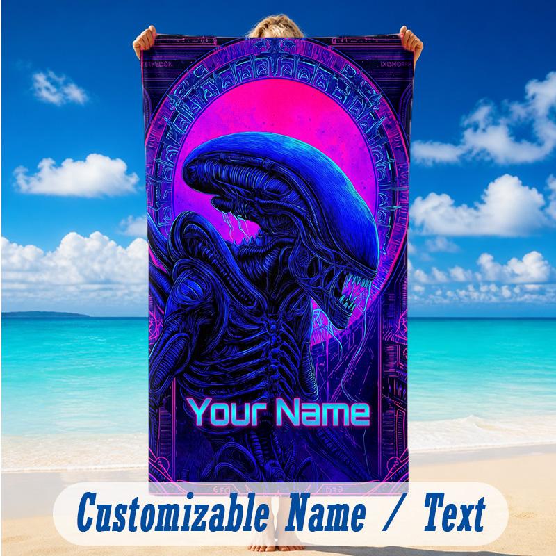 Beach Towel Custom Name Text, Quick Dry Large Towel For Beach HomeAlien Xenomorph