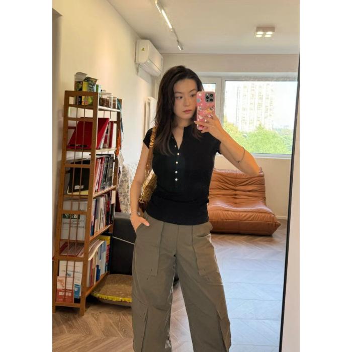 2025 Korean Style Women's Slim-Fit White Half-Button Cotton T-Shirt: Summer Casual Short Sleeve Top